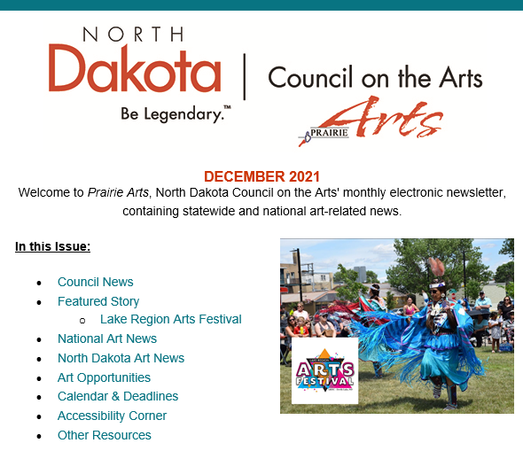 Top of E-Prairie Newsletter showing logo, index and photo of native dancer