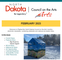 NDCA Prairie Arts February 2023 Newsletter screenshot of top