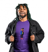 Waste-up smiling, shoulder-length dreadlocks, African American Frederick Edwards Jr. wearing a dark jean jacket, purple shirt 