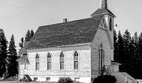 Black and white side view of Grue Church in Buxton, ND