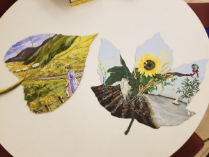Journey Stories porcelain plate: stories painted inside leaf shapes. Woman on prairie and sunflower field