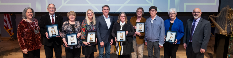 Kim Konikow (far left), Governor Burgum (center), and NDCA Board Chair Dr. Shawn Oban (far right) with 2023 recipients of the ND Governor's Awards for the Arts