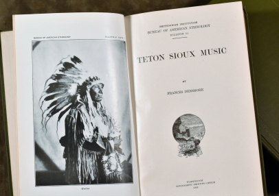 Frances Densmore in 1949 and her book about Lakota songs “Teton Sioux Music & Culture” published originally in 1918