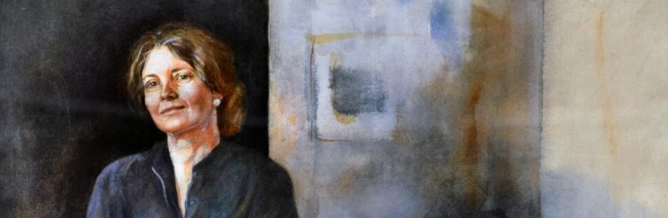 Painted portrait of head and shoulders of Laurel Reuter with dark hair in elegant bun