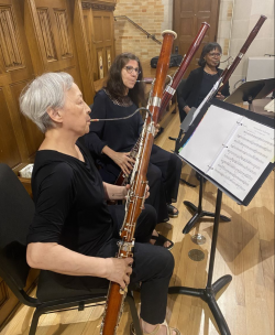 Three female members of the New York Kammermusiker playing oboes in the Fargo First Presbyterian Church, August 2023