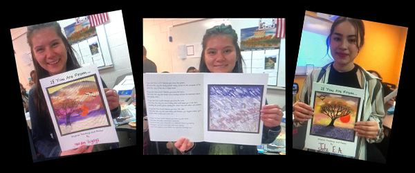 Williston High School students holding their art and writing booklets up to the monitor during Zoom class