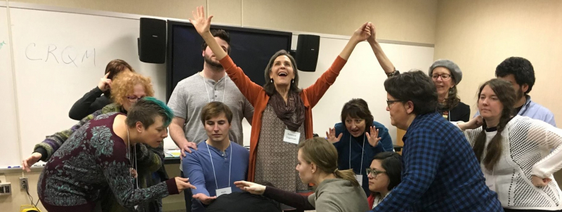 Rebecca Engelman (center), teaching artist workshop