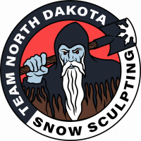 Circular black, red and white logo with words Team North Dakota Snow Sculpting curved around the edges and a grey-bearded man with a blue hand and face, wearing winter clothing and holding a chisel-style shovel across his shoulders