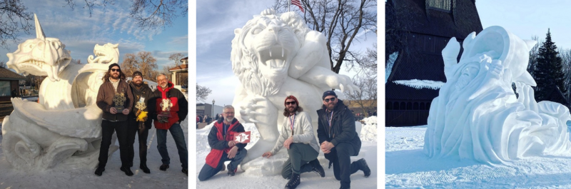 Team ND Snow Sculpting pictured with the winning sculptures from various US National and local competitions