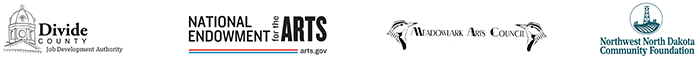 Sponsor logos for Arts Across the Prairie project in Region one, including Divide County Job Development Authority, National Endowment for the Arts, Meadowlark Arts Council and NW North Dakota Community Foundation