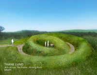 Computer generated drawing of the artwork proposed by Lund for Writing Rock State Historic Site. The earthwork builds up the land into two enveloping mound formations. Each mound rises up from the ground with a gentle slope and together they create a shelter that frames the sky.