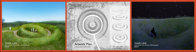 Computer generated drawings of the artwork proposed by Lund for Writing Rock State Historic Site. The earthwork builds up the land into two enveloping mound formations. Each mound rises up from the ground with a gentle slope and together they create a shelter that frames the sky.