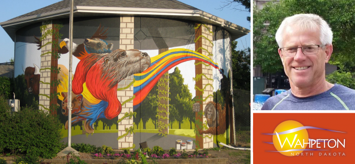 Wayne Beyer headshot next to Chahinkapa Zoo mural in Wahpeton