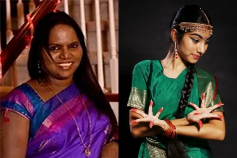 Margreat Sam (left) in a purple saree smiles next to a young woman in green dance attire in a classical dance pose.