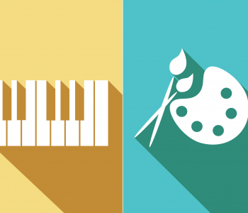 Art icons on colorful patterned background, representing writing, singing, piano playing, painting, accessibility and photography