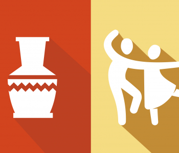 Art icons on colorful patterned background, representing fashion, placemaking, pottery, dance, native storytelling and theatre