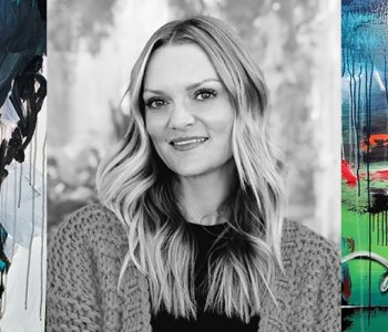 Collage of 5 images; four colorful abstract artworks by caucasian artist Nancy Ness, who is pictured in the center with long flowy blonde hair and a half toothy smile