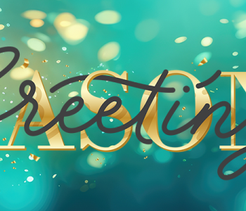 Web banner with turquoise background, sparkling gold confetti and the words Season's Greetings on top