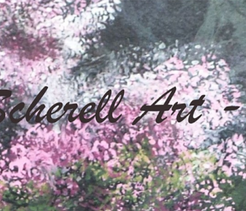 Pastel drawing of flowers and greenery, along with a woman's face looking downward, with the words Scherell Art - Pastel Artist in cursive